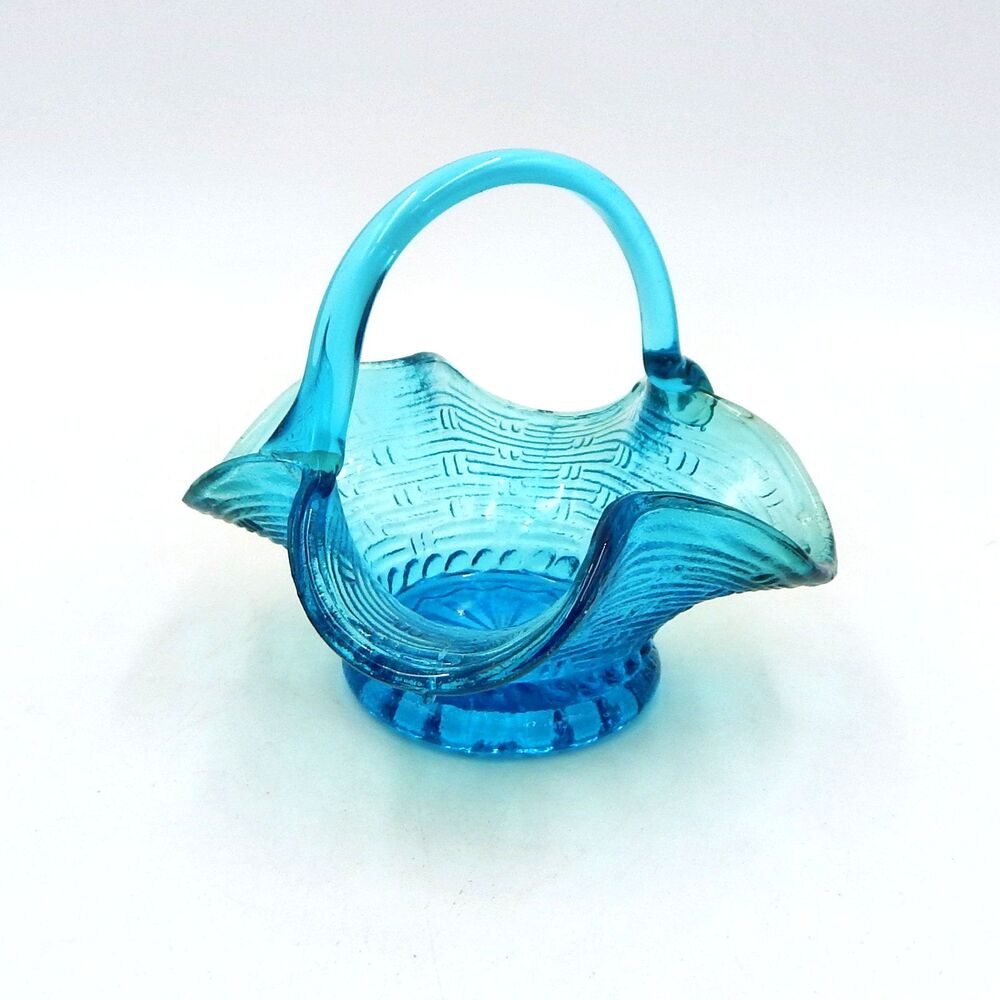 Westmoreland Basketweave Small Blue Glass Handled Basket Ruffle 3-1/2 Inch
